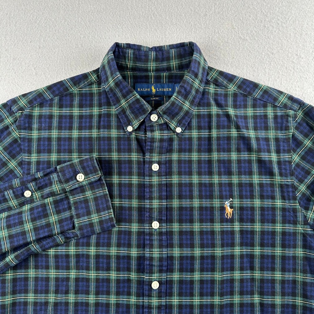 Ralph Lauren Button Down Shirt Mens L Blue Green Plaid Slim Fit Cotton LS